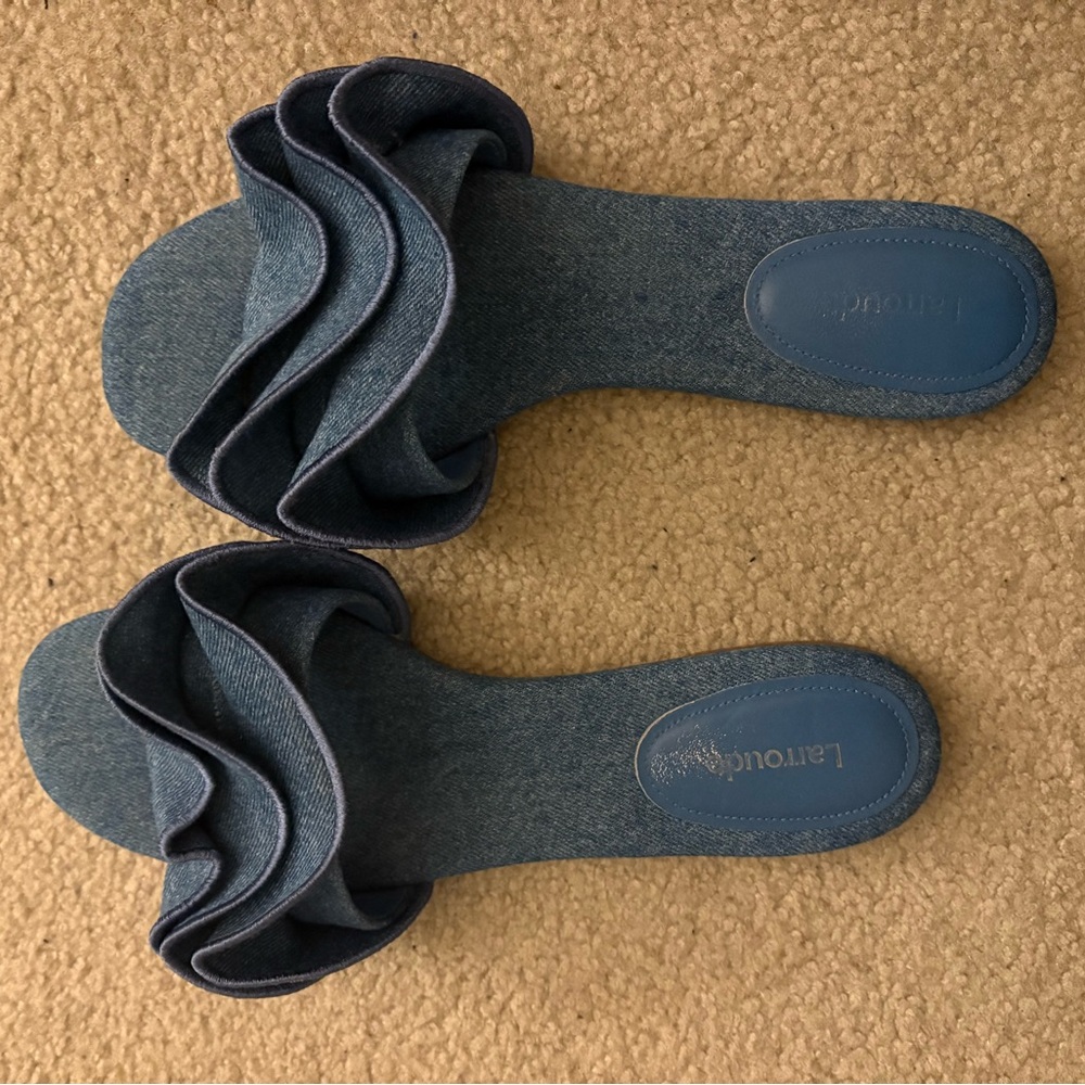 Larroude Ivy Ruffle Denim Blue Flat Mule